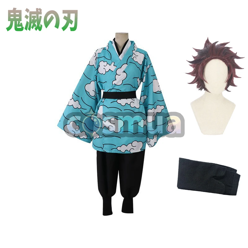 子供用 鬼滅の刃 コスプレ衣装 炭治郎 セット 雲柄 全セット 耳飾り付き 現貨 卸売